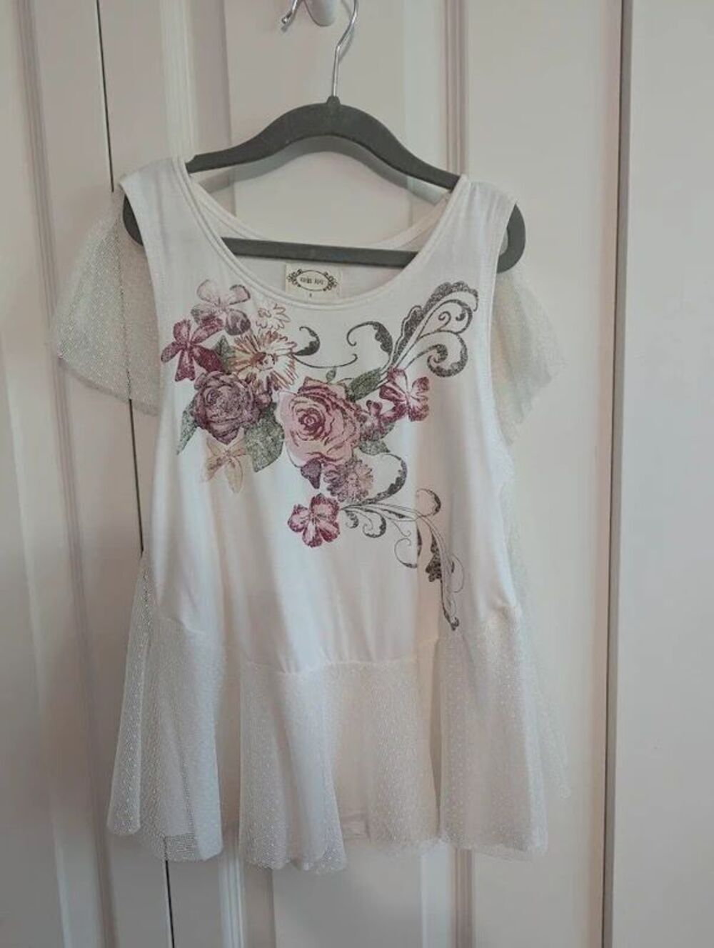 Joyfolie Mia Joy off-white floral top with mesh sleeves and trim girls 8